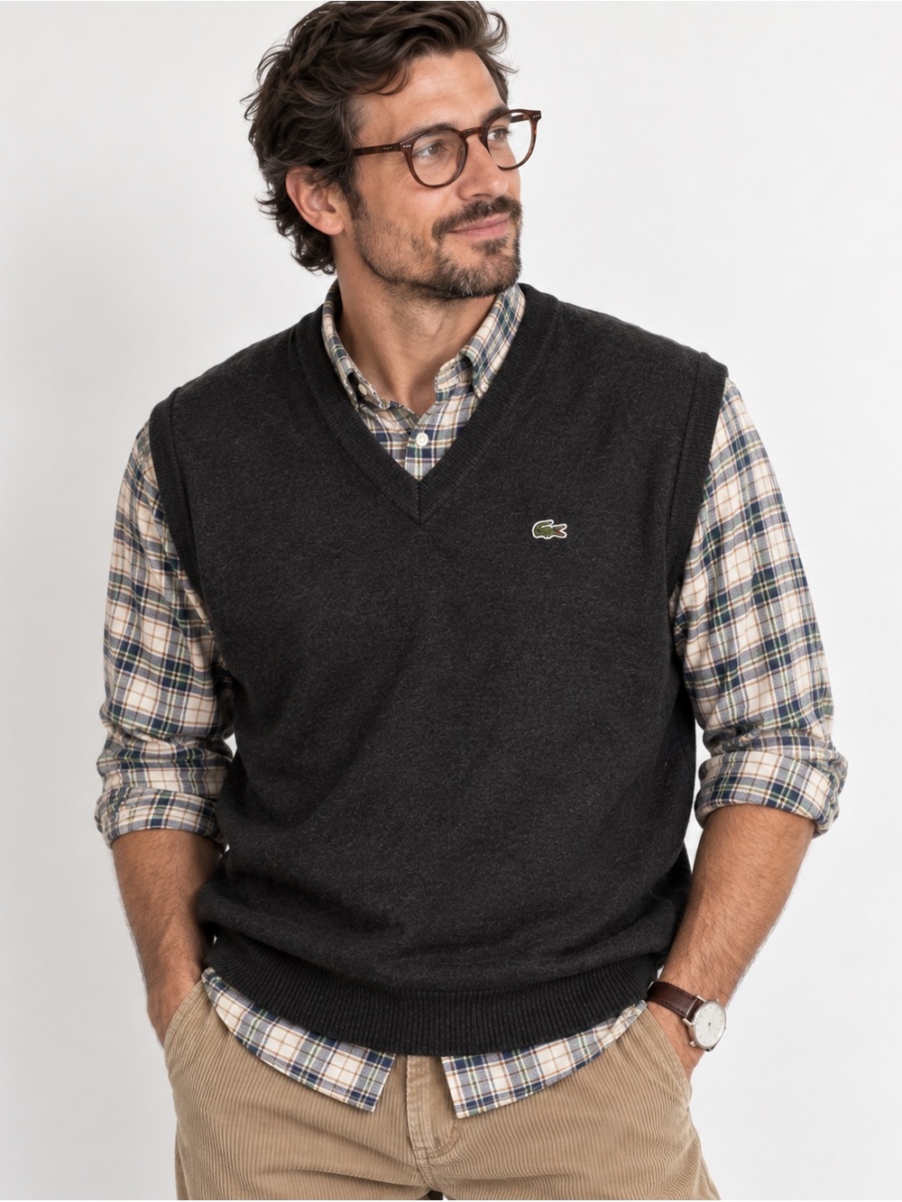 Vintage Lacoste Sweater Vest Men’s Fits Like L/XL Charcoal Grey V-Neck Cotton